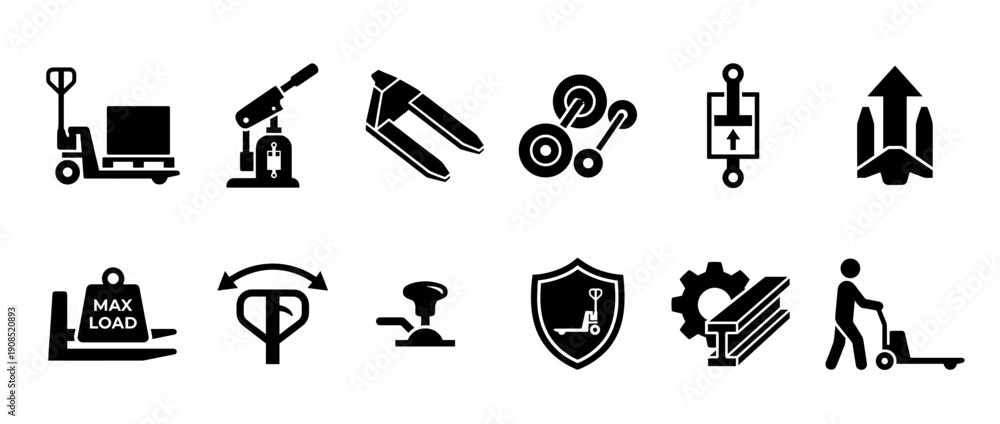 Obraz premium Set of twelve black pallet jack icons and warehouse equipment symbols showing forklift parts, hydraulic lifts, and industrial logistics pictograms
