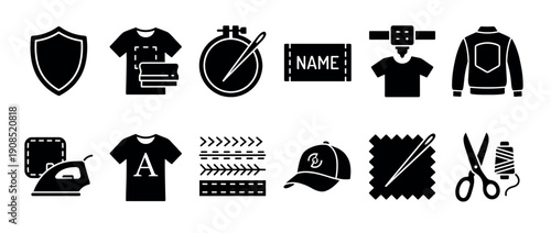 Clothing customization and tailoring black glyph icons set showing embroidery, heat press printing, sewing, and patches for apparel modification in a minimalist silhouette style