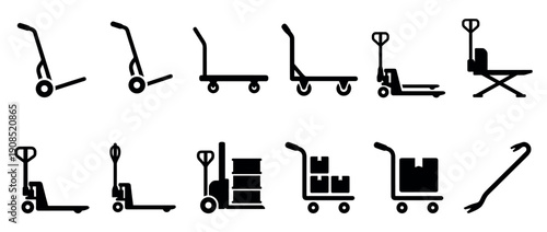 Set of black warehouse equipment icons showing tools for manual handling and logistics, including a hand truck, pallet jack, dolly, platform cart, and crowbar in a simple silhouette graphic style
