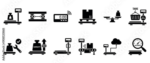 Industrial weighing scale glyph icon collection showing various measurement tools for logistics, including pallet scales, calibration symbols, and accurate weighing concepts