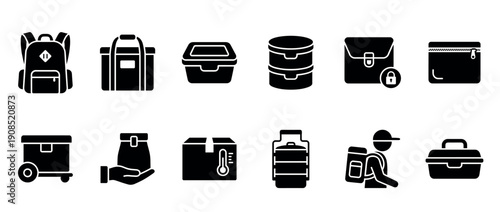 Collection of black glyph icons representing delivery bags, food containers, backpacks, and thermal packaging for transportation and storage concepts in a minimalist vector style