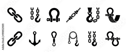 Collection of black silhouette icons showing industrial rigging equipment like chains, hooks, shackles, and an anchor for heavy lifting and marine concepts in a minimalist glyph style