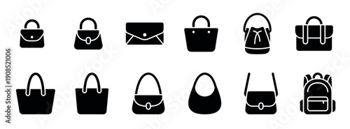 Collection of black handbag and purse icons in a minimalist glyph style, featuring various designs like a tote, clutch, satchel, shoulder bag, and backpack for fashion concepts