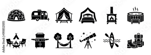Set of black glamping icons showing luxury camping elements like a geodesic dome, safari tent, camper trailer, hot tub, and outdoor recreation activities in a simple glyph style