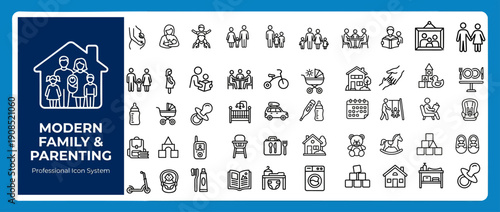 Modern Family and Parenting Line Icon Set: Pregnancy, Baby Care, Education and Home Life Vector Symbols