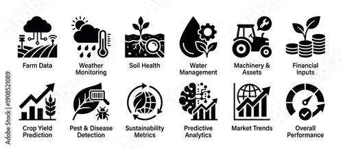 Smart agriculture and farm management technology icons set with black glyph symbols for data, weather, soil health, crop yield, predictive analytics, and sustainability metrics