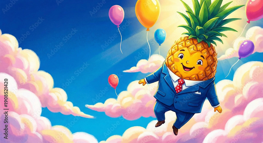 Fototapeta premium Happy Pineapple Character Flying with Balloons in Blue Sky Illustration