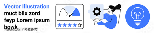 Business strategy, feedback systems, workflow optimization, creativity, technology, performance analysis. Graphic icons include a rating scale, person handling settings, and a lightbulb icon