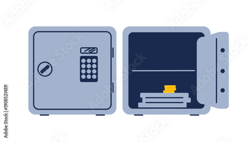 Closed Safe and Safe with door open and stacked coins and important documents. Security, vital assets protection, revealing value. Vector for corporate presentations, financial security infographics