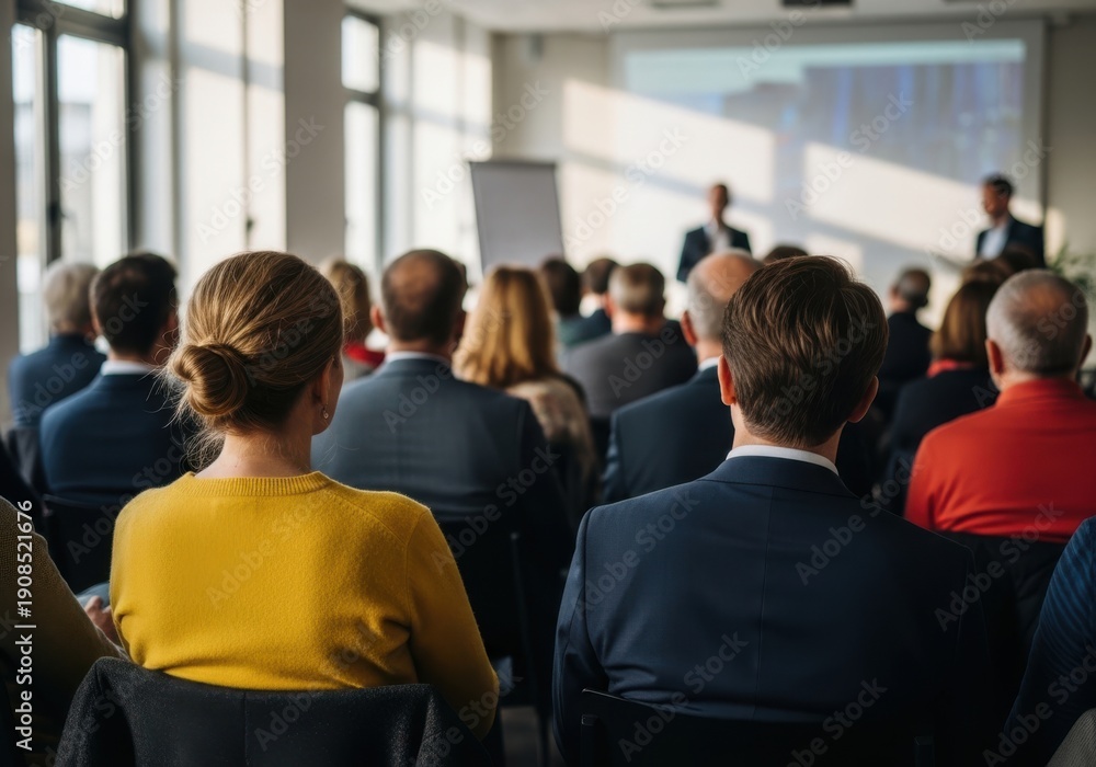 Fototapeta premium Audience listening to speaker in conference room with projector screen