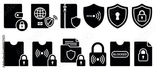 Collection of black glyph icons representing data security, privacy, and protection concepts like RFID blocking, locked wallets, secure passports, and encrypted files in a minimalist style