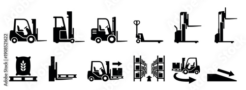 Black silhouette icon set of warehouse equipment including forklifts, pallet jacks, stackers, and logistics symbols for industrial material handling and transportation