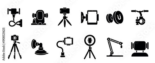 Collection of black silhouette icons representing various smartphone and camera holders, tripods, and mounts for mobile devices and photography equipment in a minimalist glyph style