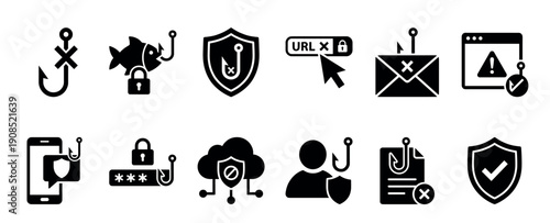 Collection of black phishing icons representing cybersecurity threats like data theft, hacking, and online scams in a simple glyph style for digital security concepts