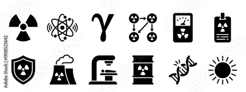 Collection of twelve black solid icons depicting radiation, atomic physics, nuclear power, radioactive decay, safety protocols, medical radiotherapy, and hazardous waste concepts