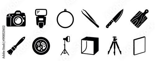 Set of black glyph icons for food photography and styling, featuring essential equipment like a camera, flash, tripod, light cube, knife, and cutting board in a minimalist style