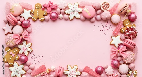 Festive Pink Christmas Frame with Cookies and Decorations.