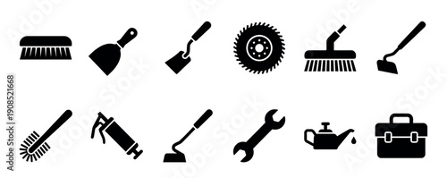 Collection of black minimalist tool icons representing various equipment for construction, repair, cleaning, and gardening presented in a simple glyph pictogram style