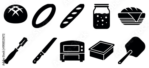 Black silhouette icon collection of bakery items showing a loaf, baguette, jam, basket, knife, toaster oven, baking pan, and other essential cooking equipment
