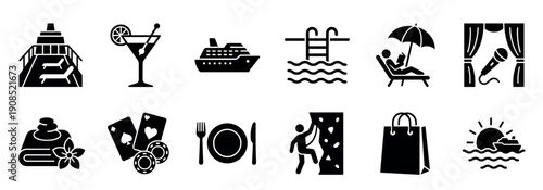 Black solid glyph icon set illustrating cruise ship entertainment and vacation amenities, including a swimming pool, casino, spa, dining, cocktail bar, and live performance stage