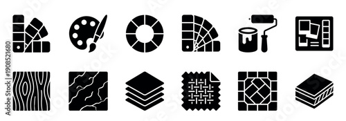 Collection of black glyph icons for interior design, home renovation, and material selection, including paint swatches, color wheels, textures, and tools in a minimalist graphic style
