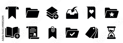 Set of black glyph icons representing documents, files, bookmarks, and archives for user interface design, including folder, tag, certificate, and hourglass symbols