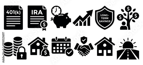 Black financial planning and retirement savings icons set showing concepts of investment, mortgage, pension, and long-term security goals in a simple glyph style