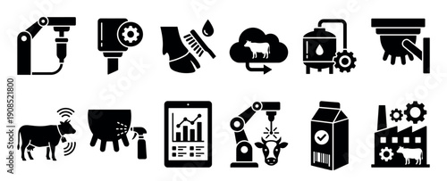 Black glyph icons for smart dairy farming illustrating automation, robotic milking, livestock monitoring, data analytics, and modern milk production technology