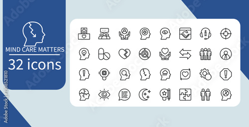 Mental Health and Psychology Support Line Icon Set