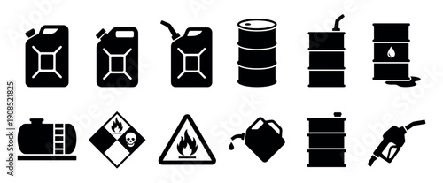 Set of black fuel and oil icons including a jerrycan, barrel, tank, pump nozzle, and flammable hazard warning signs in a simple vector graphic illustration style