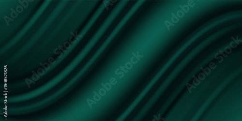Dark teal emerald green silk satin. Shiny smooth fabric. Soft folds. Luxury background with space for design. web banner. Flat lay, top view table. Birthday, Christmas, Valentine, New year.