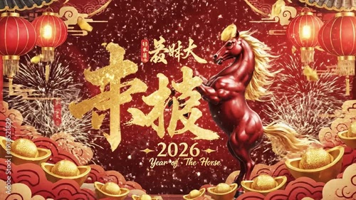 Majestic Red Horse Running in Traditional Chinese Celebration Scenery