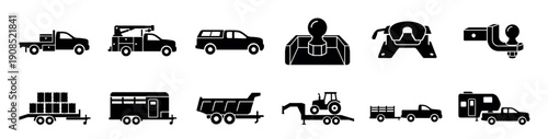 Collection of black silhouette icons representing trucks, trailers, and towing hitches for various hauling and transportation purposes, including agricultural and construction vehicles