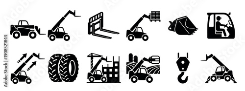 Telehandler telescopic handler heavy machinery icon set showing various attachments, construction and agriculture applications, and equipment parts in a simple black glyph collection