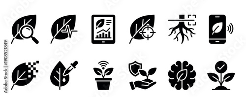Twelve black solid icons for agritech and plant science, illustrating modern farming concepts like data analysis, biotechnology, precision agriculture, and environmental protection