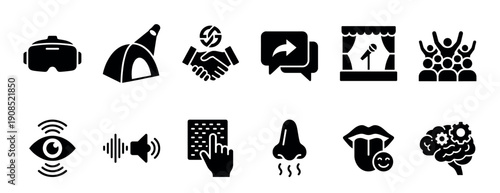 Set of black glyph icons representing virtual reality, communication, business partnership, public speaking, and the five human senses with brain cognition for user experience design