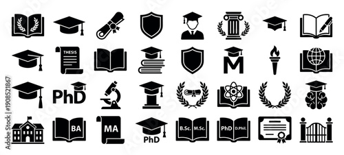 Large collection of black silhouette icons representing higher education, graduation, and academia with symbols like mortarboards, diplomas, and university buildings