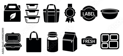 Set of black food packaging icons for delivery and takeaway, including containers, bags, boxes, and labels in a simple glyph style