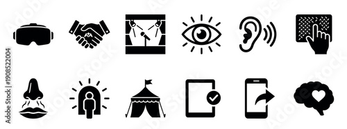 Set of black solid glyph icons representing virtual reality, human senses, entertainment events, and technology for user interface design and modern business concepts