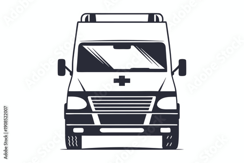 Monochrome Ambulance Car Silhouette, Emergency Vehicle, Front View, Medical Cross Icon