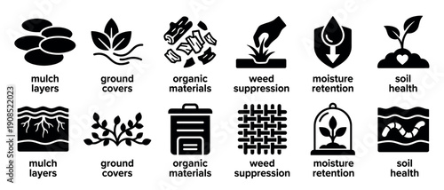 Black solid glyph icons set illustrating gardening concepts like mulch layers, ground covers, weed suppression, moisture retention, and soil health for agricultural infographics