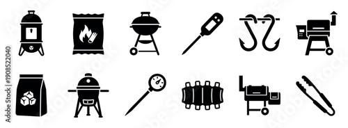 Black glyph icons set for barbecue grilling including a smoker, charcoal, kettle grill, meat thermometer, ribs, and tongs in a simple minimalist vector style illustration