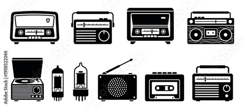 Collection of retro music player silhouettes featuring old radios, a record player, a cassette player, and vacuum tubes in a simple black and white vector graphic icon set