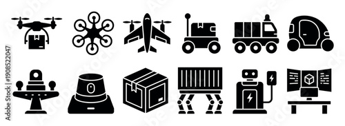 Set of black glyph icons representing autonomous delivery technology including drones, robots, unmanned vehicles, and logistics concepts for future shipping and transportation services