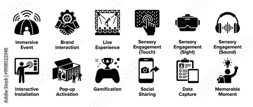 Experiential marketing and brand engagement icon set illustrating concepts like immersive events, live experience, sensory interaction, and gamification for modern advertising