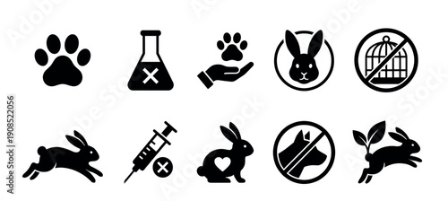 Cruelty-free and vegan product label icons representing no animal testing, animal rights, and natural cosmetic concepts with rabbit and paw symbols