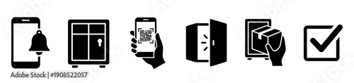 Set of black glyph icons for an automated parcel locker service, illustrating the process of notification, QR code scanning, opening a cell, and package collection