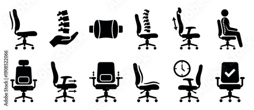Set of black ergonomic office chair icons showing features like lumbar support, adjustability, and correct sitting posture for spinal health and workplace comfort