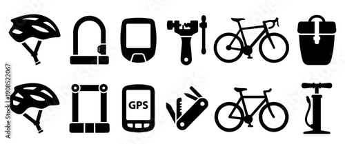 Set of black bicycle accessory icons featuring a helmet, lock, pump, multi-tool, GPS, and different bike types in a simple, graphic silhouette vector style for cycling concepts