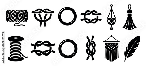 Set of black macrame craft icons showing various knots, spools of cord, a plant hanger, a wall hanging, a tassel, a ring, and a feather for DIY home decor projects